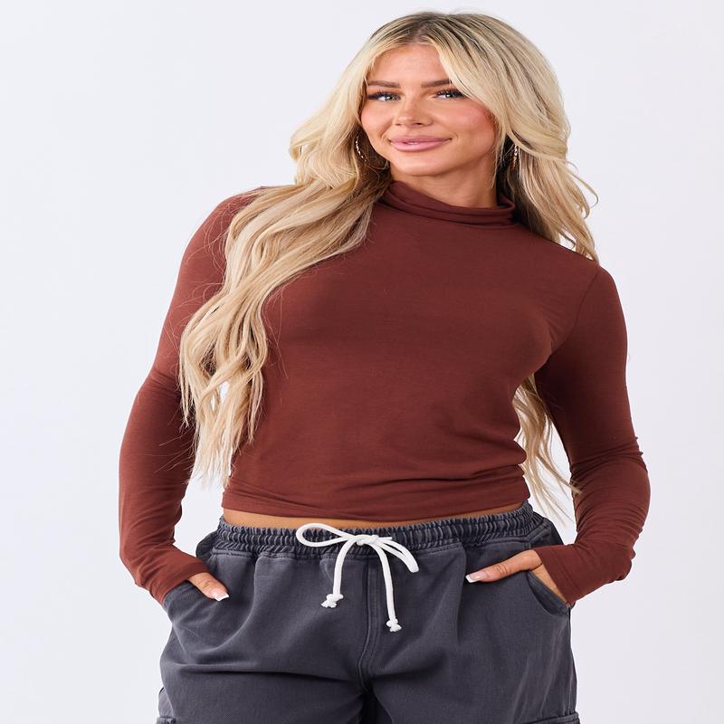 Cinnamon Mock Neck Long Sleeve Fitted Knit Top