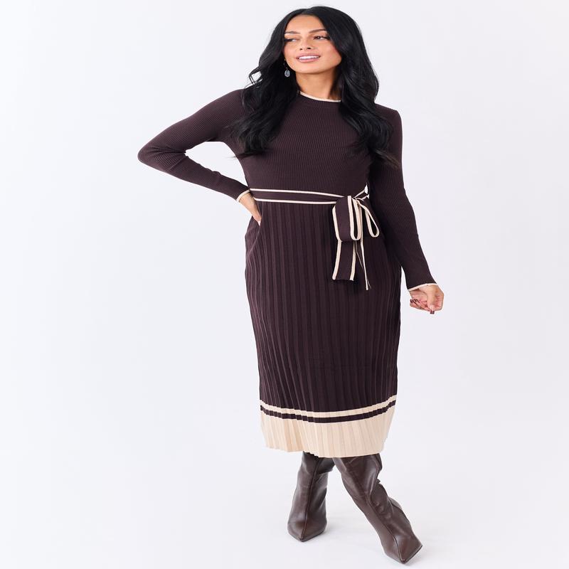 Cocoa Rib Knit Waist Tie Sweater Midi Dress