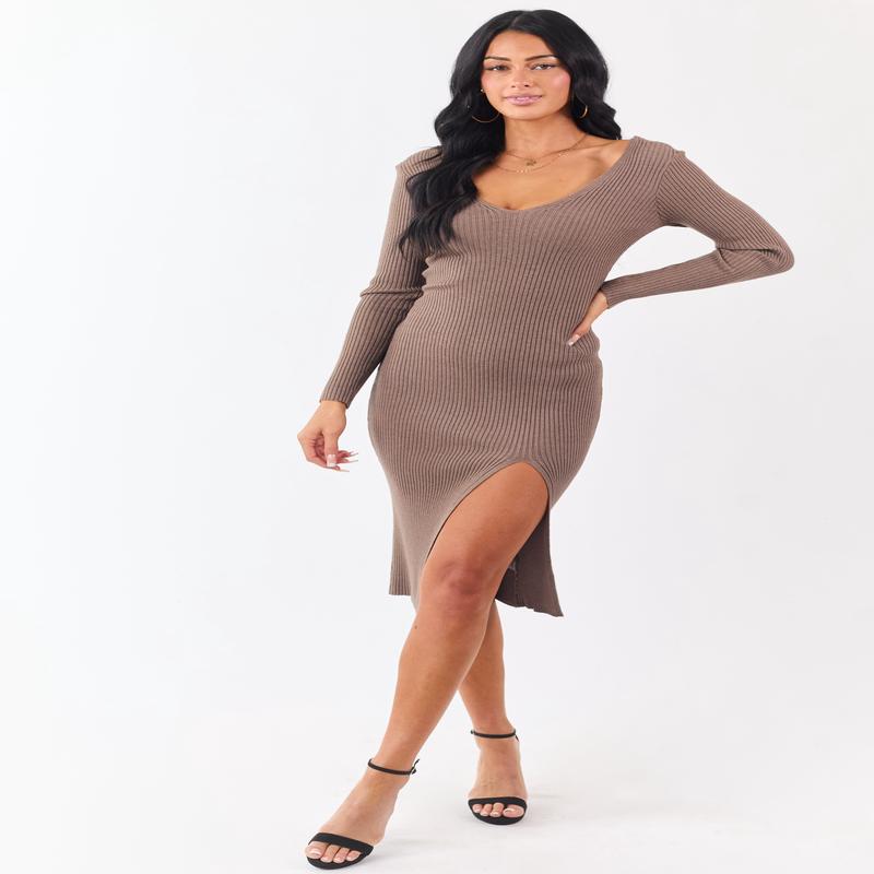 Coffee Front Slit V Neck Bodycon Midi Dress