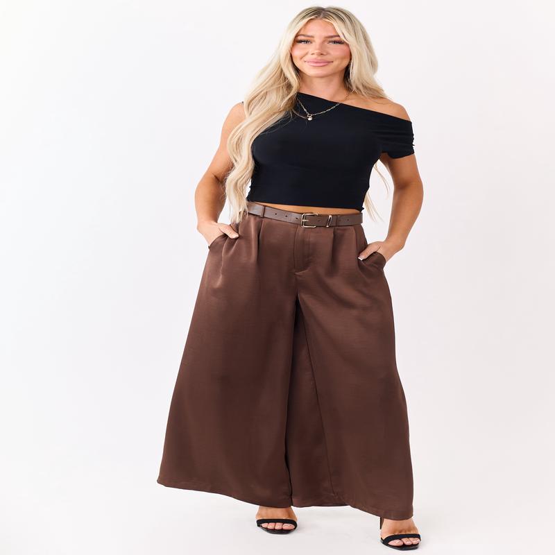 Coffee Satin Belted Wide Palazzo Pants