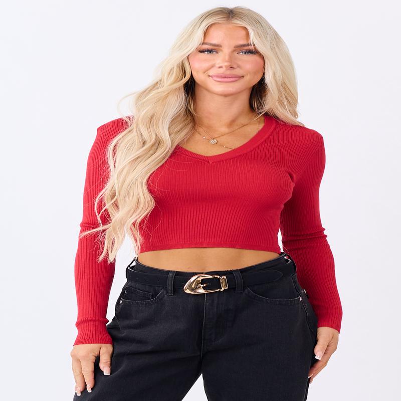 Cranberry Rib Knit V-Neck Cropped Sweater Top