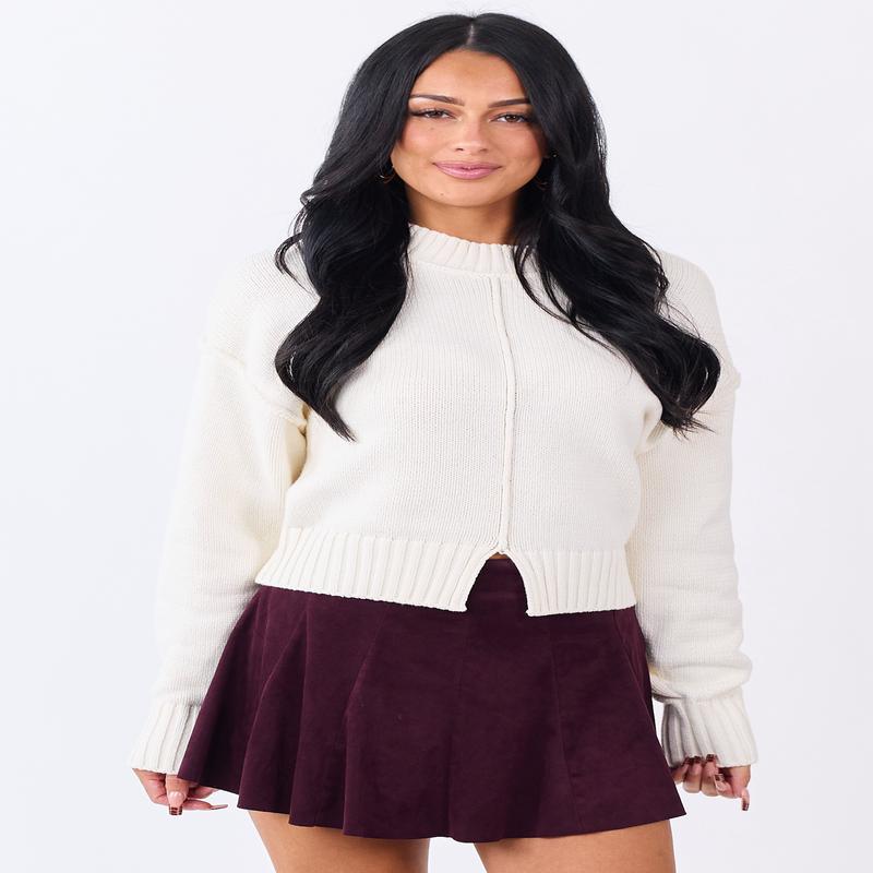 Cream Front Seam Rib Knit Long Sleeve Sweater