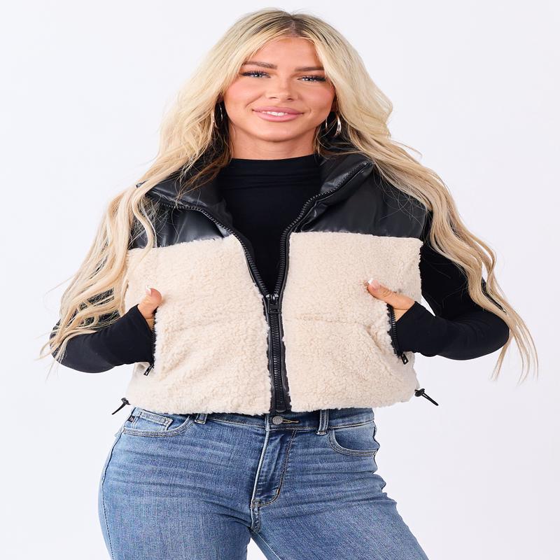 Cream Sherpa Contrast Faux Leather Crop Vest