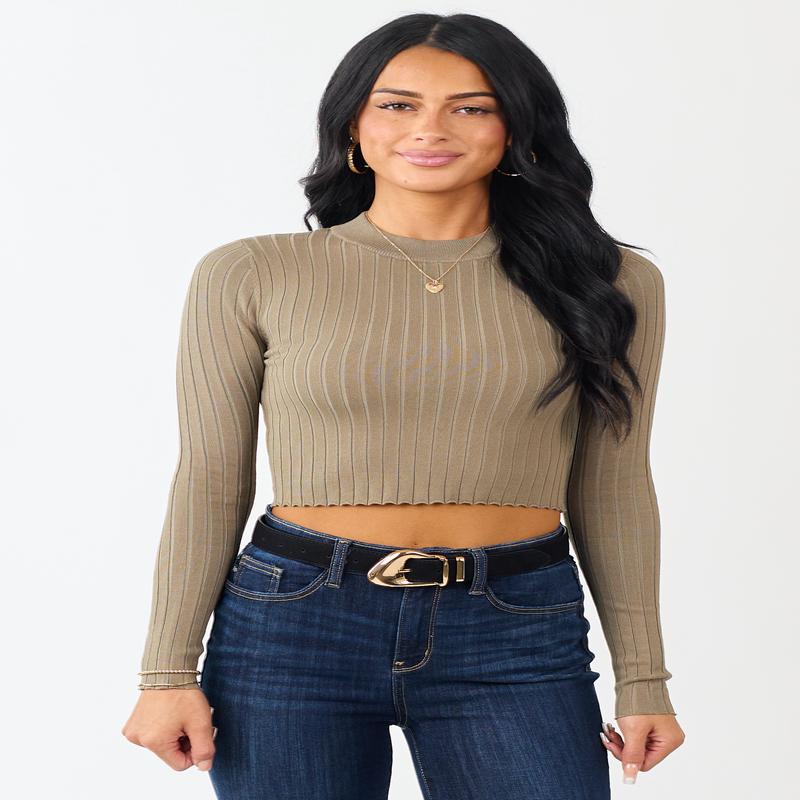 Dark Sage High Neck Long Sleeve Cropped Top