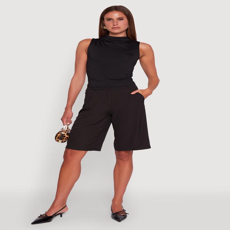 Madden Girl Sleeveless Classic Fit Solid Funnel Neck Top