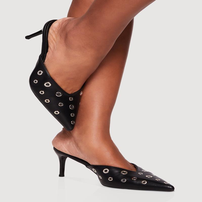 Metallic Grommet Pointy Toe Stiletto Mules