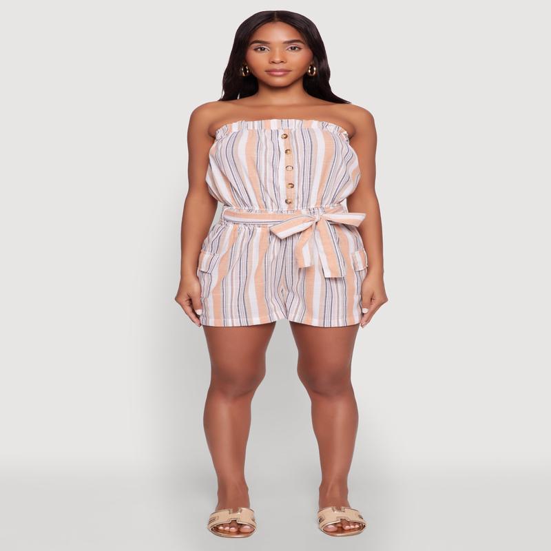 Striped Tie Waist Belted Cargo Pocket Romper
