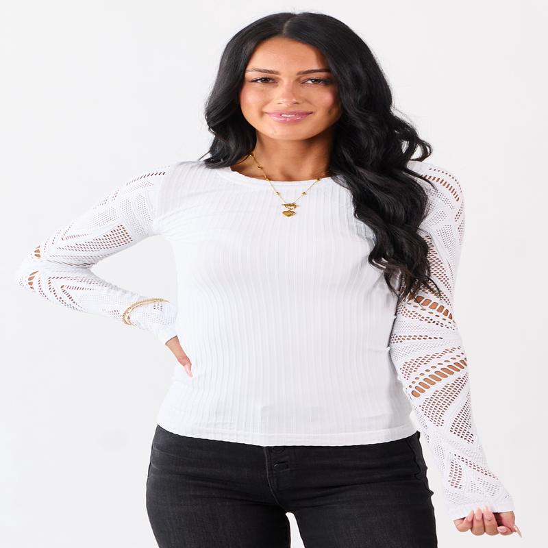 White Eyelet Sleeve Round Neck Knit Top