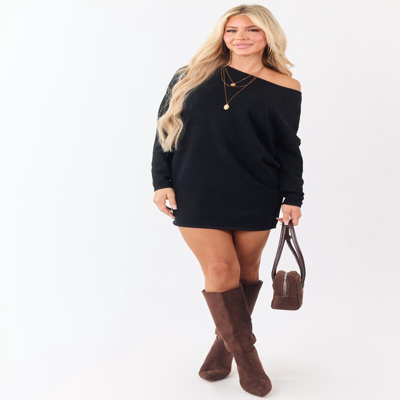Black Asymmetrical Neckline Mini Sweater Dress