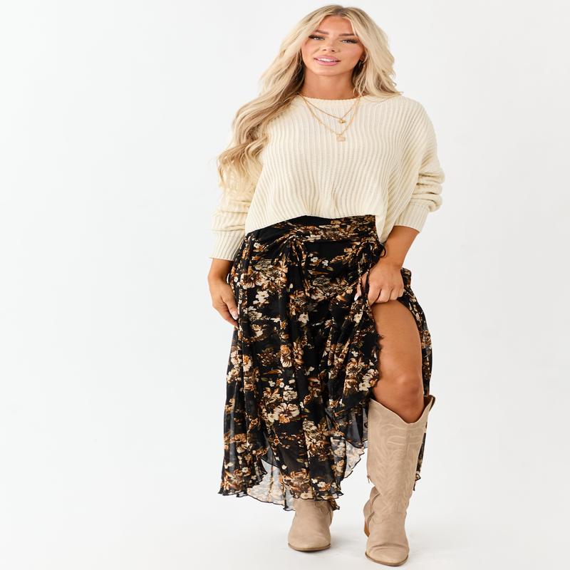 Black Floral Print Mesh Handkerchief Hem Maxi Skirt