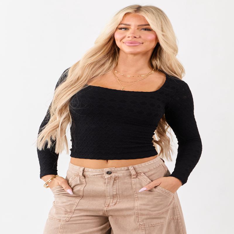 Black Pointelle Knit Cropped Long Sleeve Top