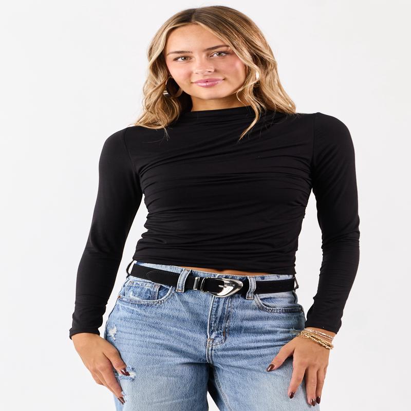 Black Ruched High Neck Double Layer Top