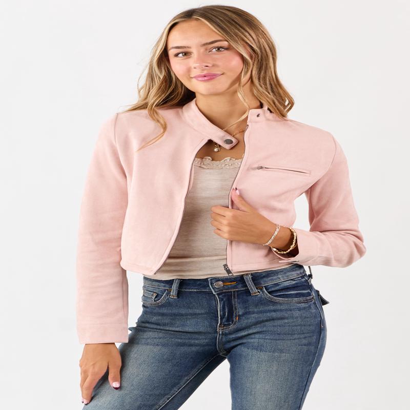Blush Faux Suede High Button Collar Zip Up Jacket