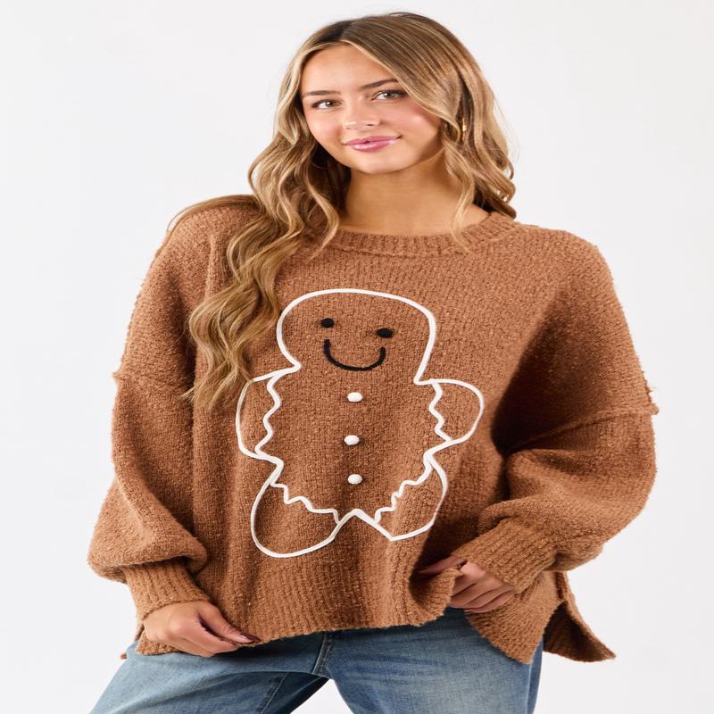 Brown Sugar Gingerbread Graphic Brushed Knit Sweater