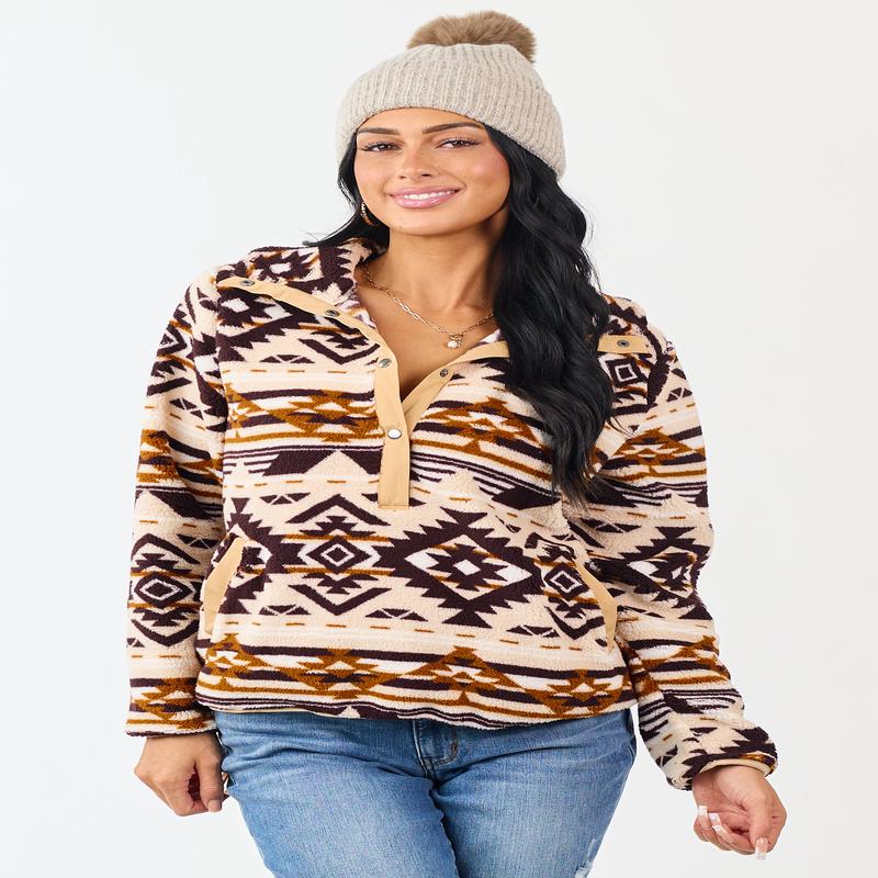 Champagne Aztec Print Fleece Pullover Sweatshirt