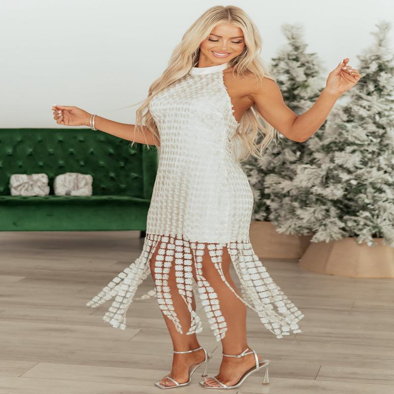 Champagne Floral Crochet Overlay Halter Midi Dress