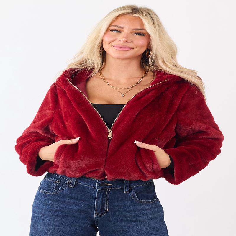 Cherry Faux Fur Hooded Zip Up Jacket