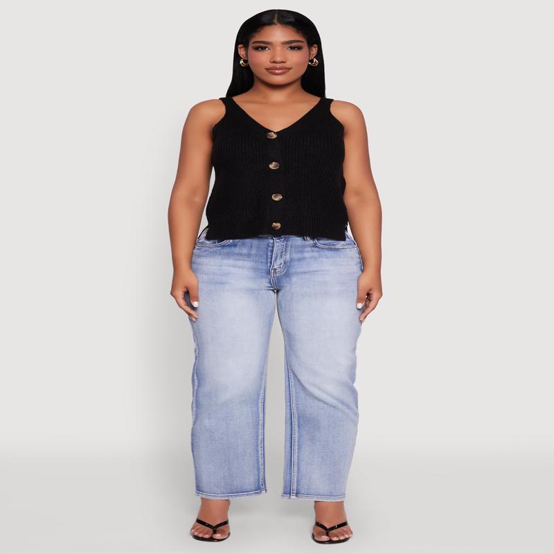 Chic Knit V Neck Button Front Sleeveless Sweater Vest