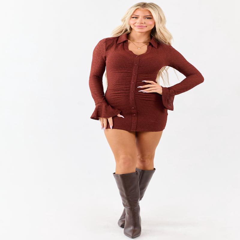 Cinnamon Lace Mesh Flare Sleeve Mini Dress