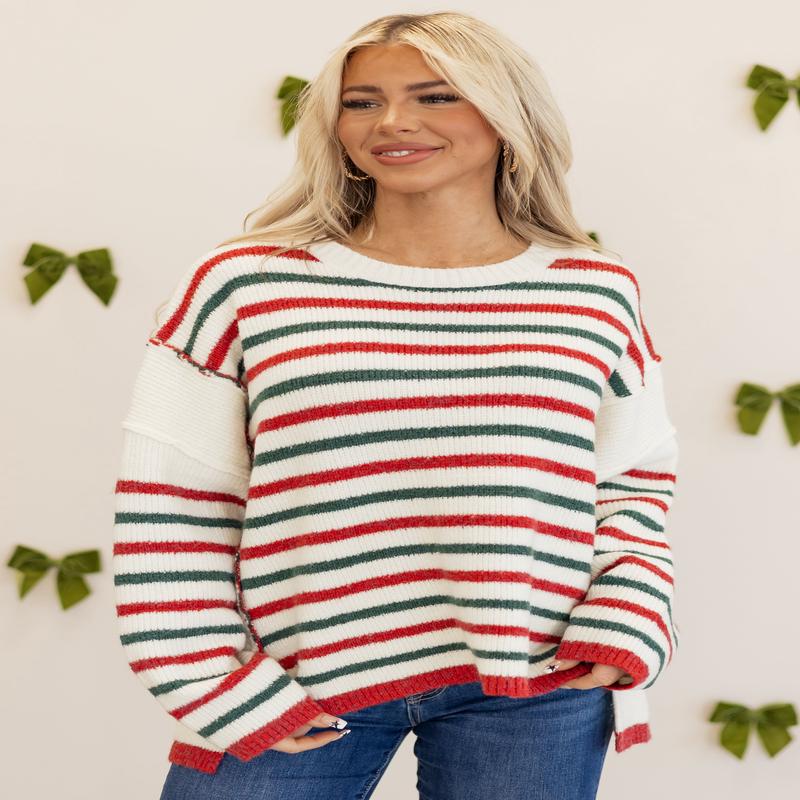 Cream Holiday Striped Wool Blend Knit Sweater
