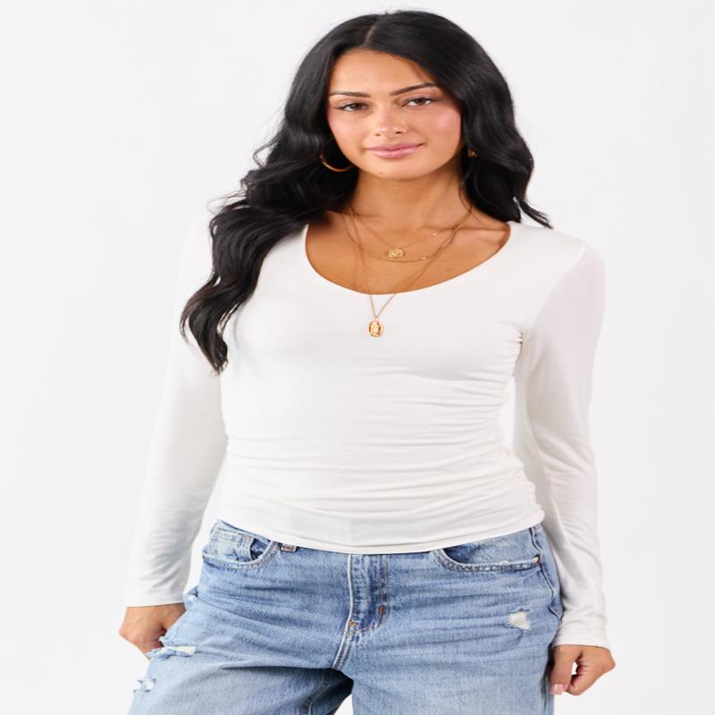Cream V-Neck Ruched Side Double Layer Fitted Top