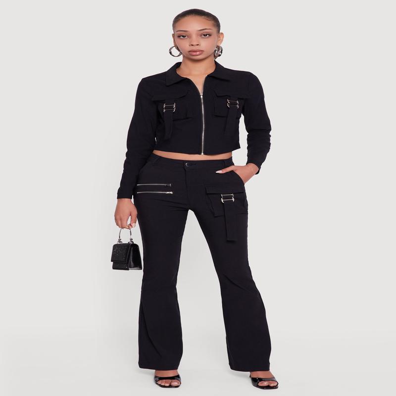 Hyper Stretch Zipper Detail Utility Flare Pants
