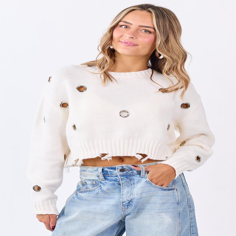 Ivory Large Grommet Cropped Knit Sweater