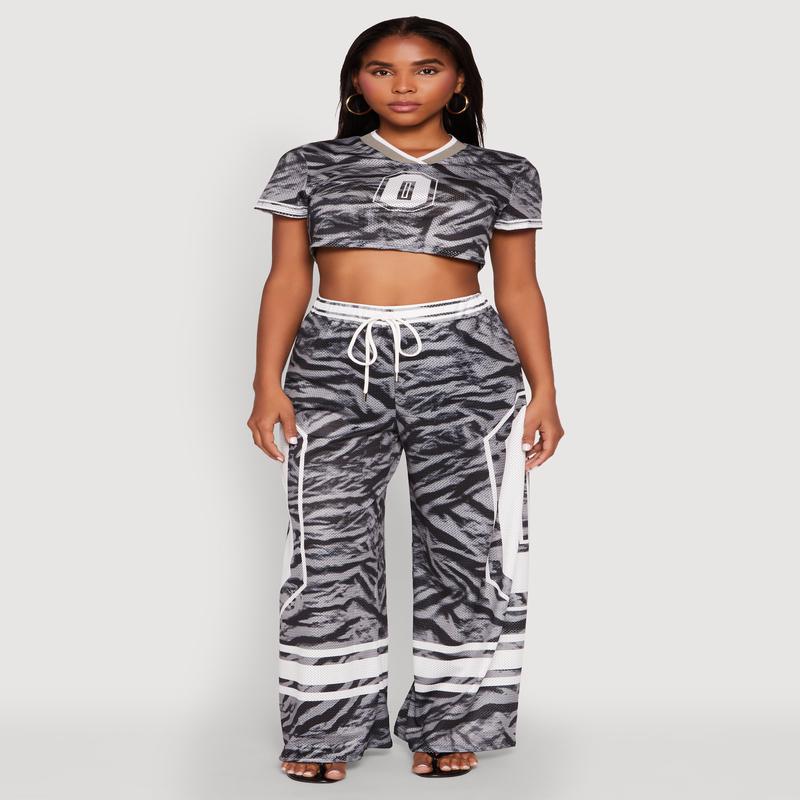 Jersey Mesh Graphic Zebra Print Wide Leg Pants