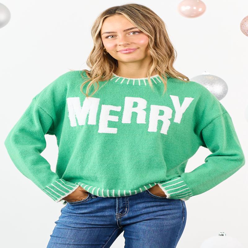 Kelly Green 'Merry' Textured Graphic Relaxed Sweater