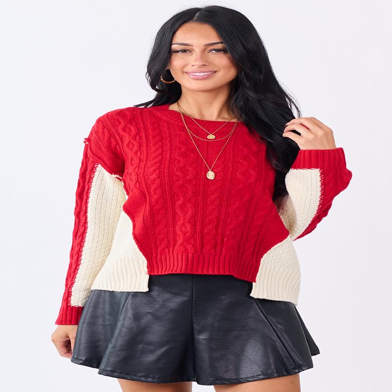 Lipstick Colorblock Cable Knit Crew Neck Sweater