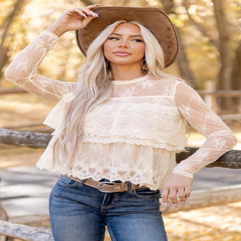 Listicle Cream Lace Tiered Ruffle Long Sleeve Top