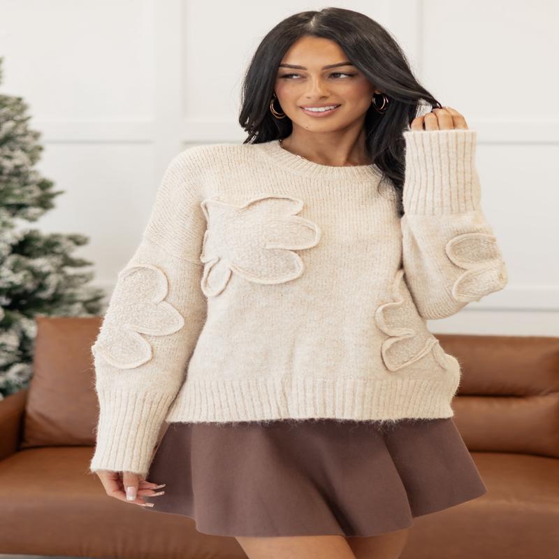 Lovelo Sand 3D Sherpa Floral Knit Relaxed Sweater