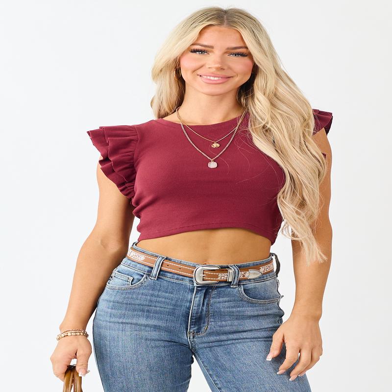 Maroon Rib Knit Ruffle Cap Sleeve Crop Top