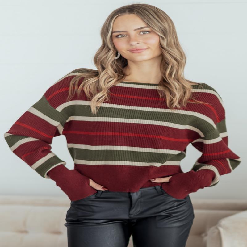 Maroon Striped Waffle Knit One Shoulder Sweater