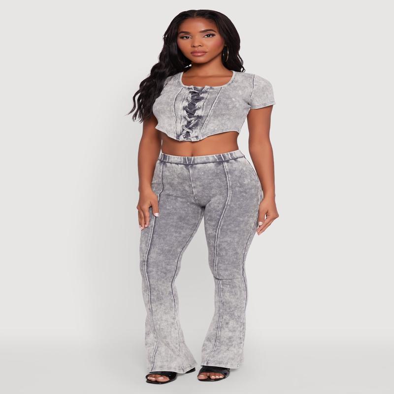 Mineral Wash Pintuck Flare Pants