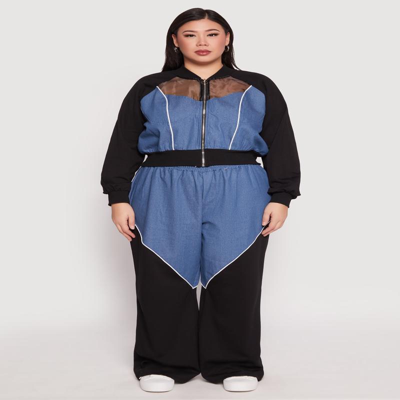 Plus Size Denim Color Block Wide Leg Pants