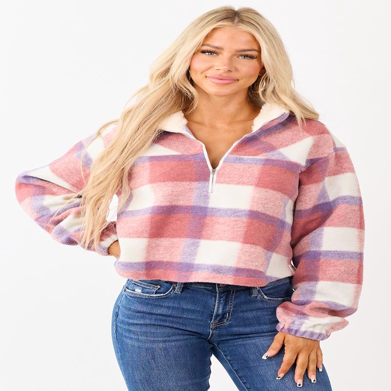 Punch Plaid Half Zip Up Collared Fleece Pullover