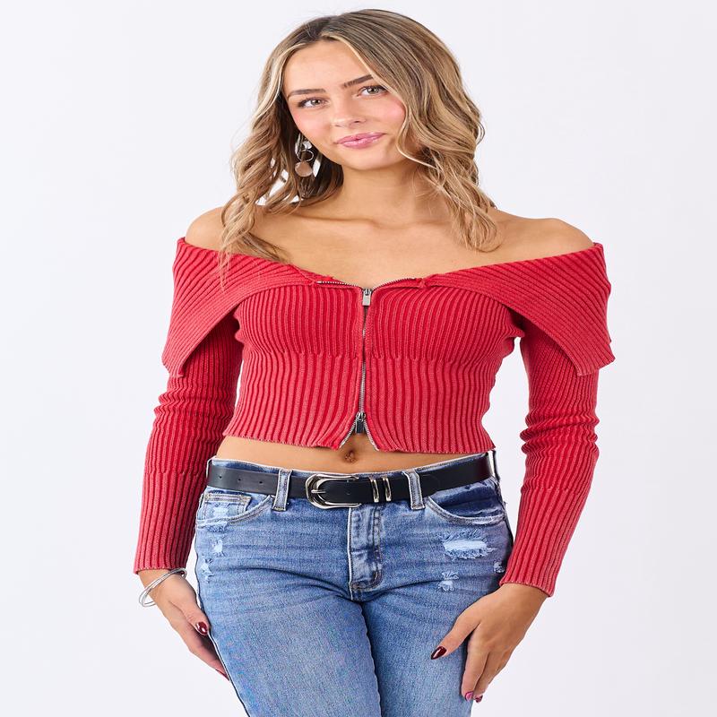 Ruby Cotton Off Shoulder Zip Up Sweater Jacket
