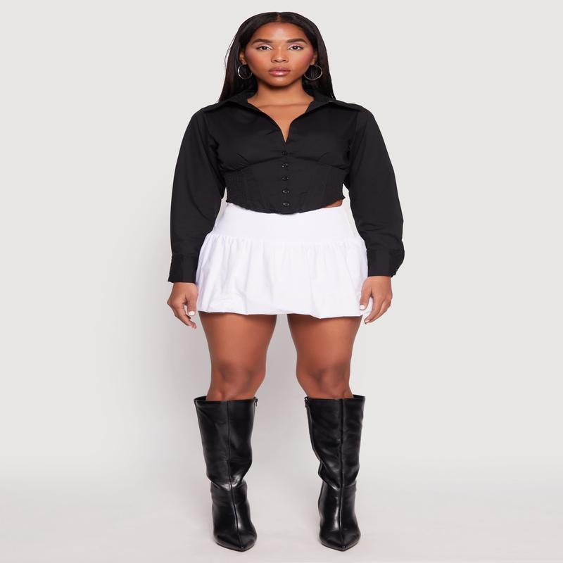 Smocked Waist Button Front Blouse