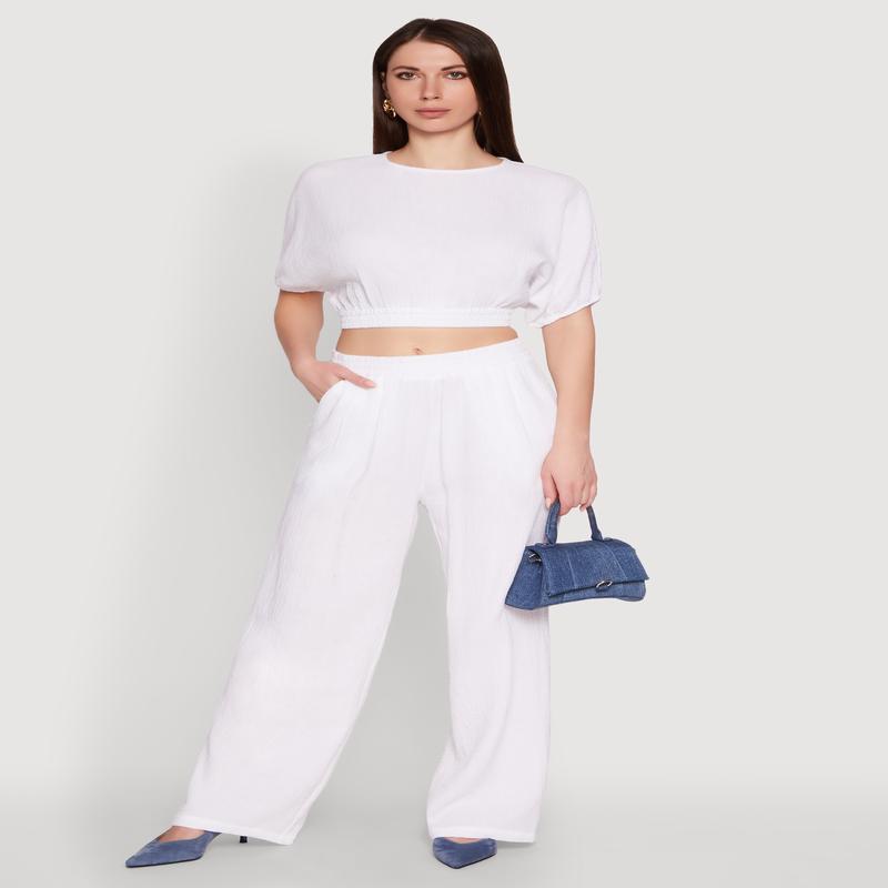 Stylish Gauze Knit Elastic Waist Pleated Palazzo Pants