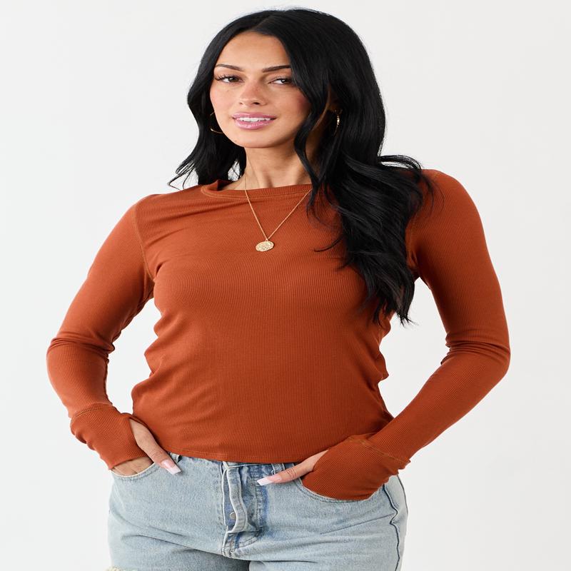 Tawny Rib Knit Round Neck Long Sleeve Top