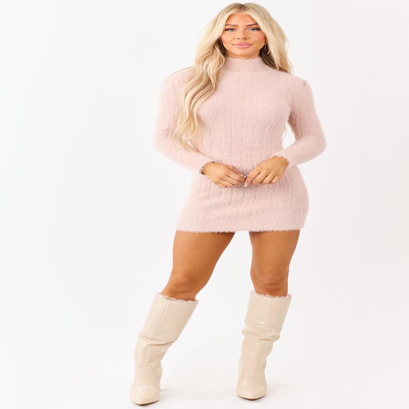 Tea Rose Eyelash Knit Mock Neck Mini Sweater Dress
