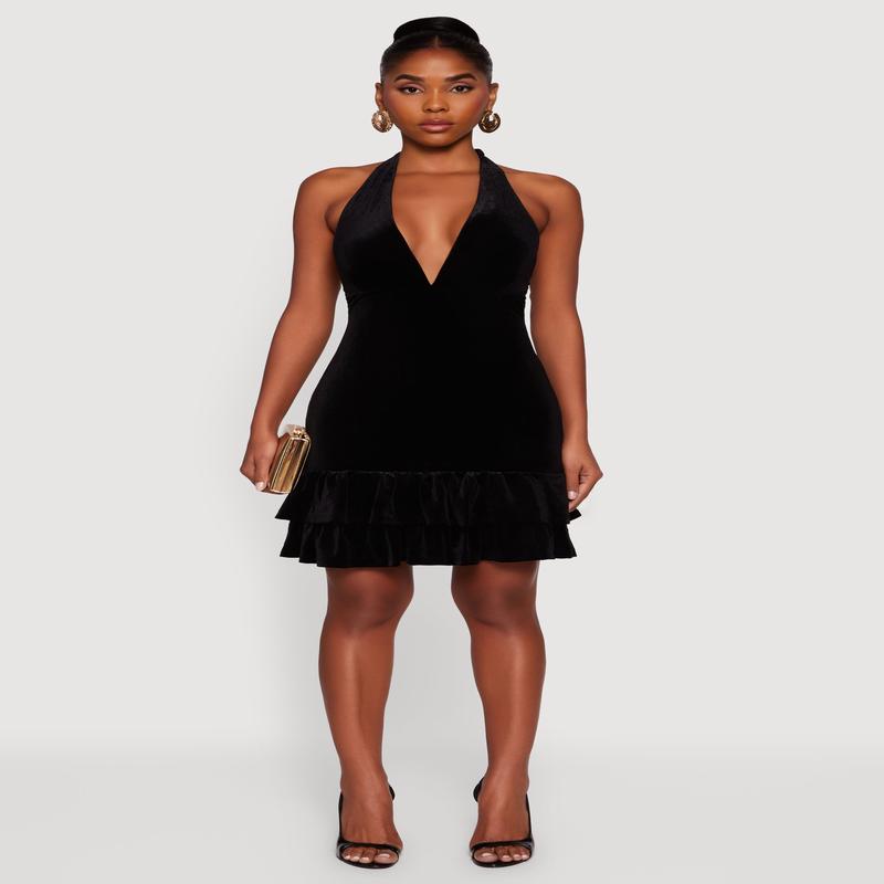 Velvet Ruffle Tiered Tie Back Halter Dress