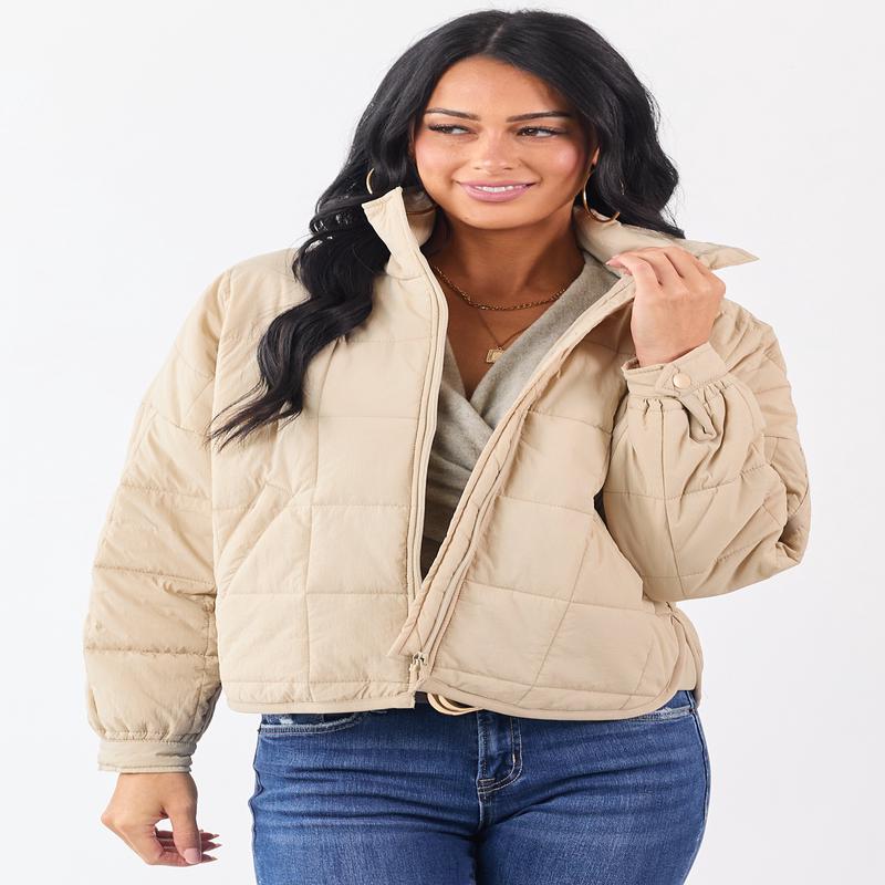Beige Mock Neck Quilted Square Zip Up Puffer Jacket