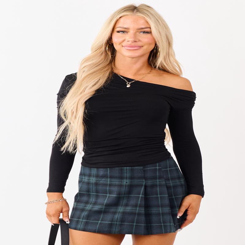 Black Asymmetrical Neckline Ruched Long Sleeve Top