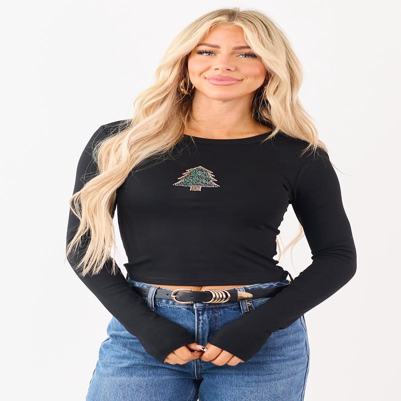 Black Beaded Christmas Tree Long Sleeve Top