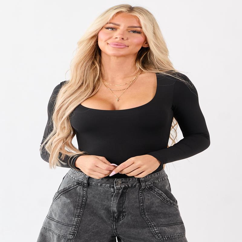 Black Contour Scoop Neck Long Sleeve Bodysuit