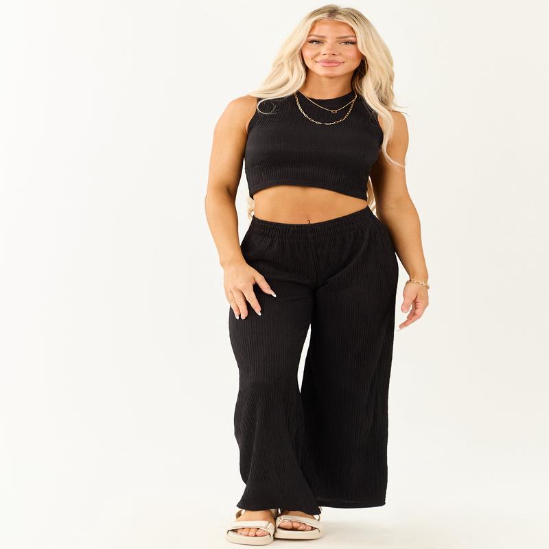 Black Crinkled Plisse Crop Tank Top and Pants Set