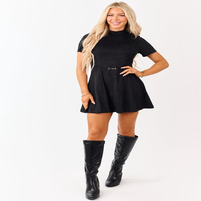 Black Faux Suede Short Sleeve Belt Mini Dress