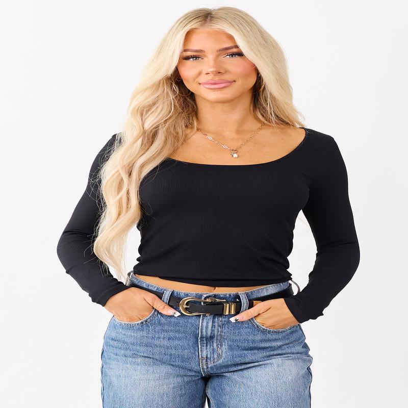Black Long Sleeve Scoop Neck Ribbed Top